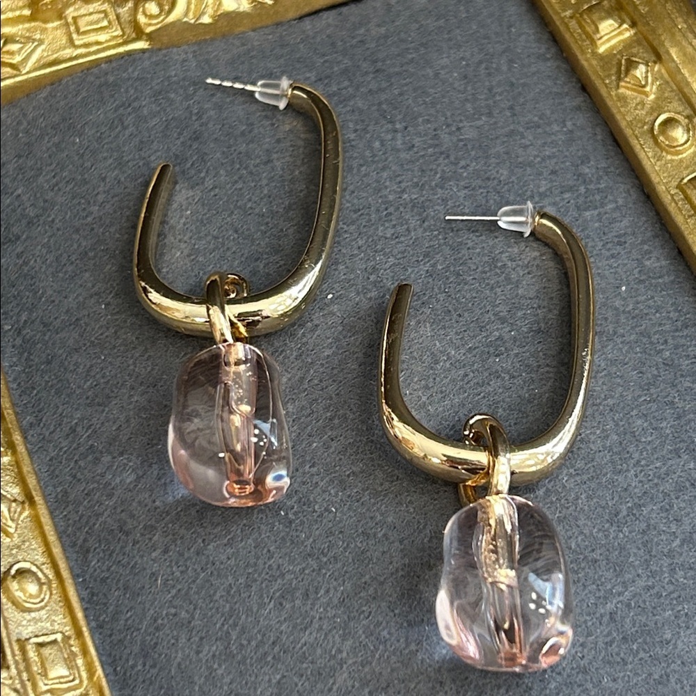 Dreamy Gold Hoop Earrings with Pale Pink Lucite Drop - Women Jewelry